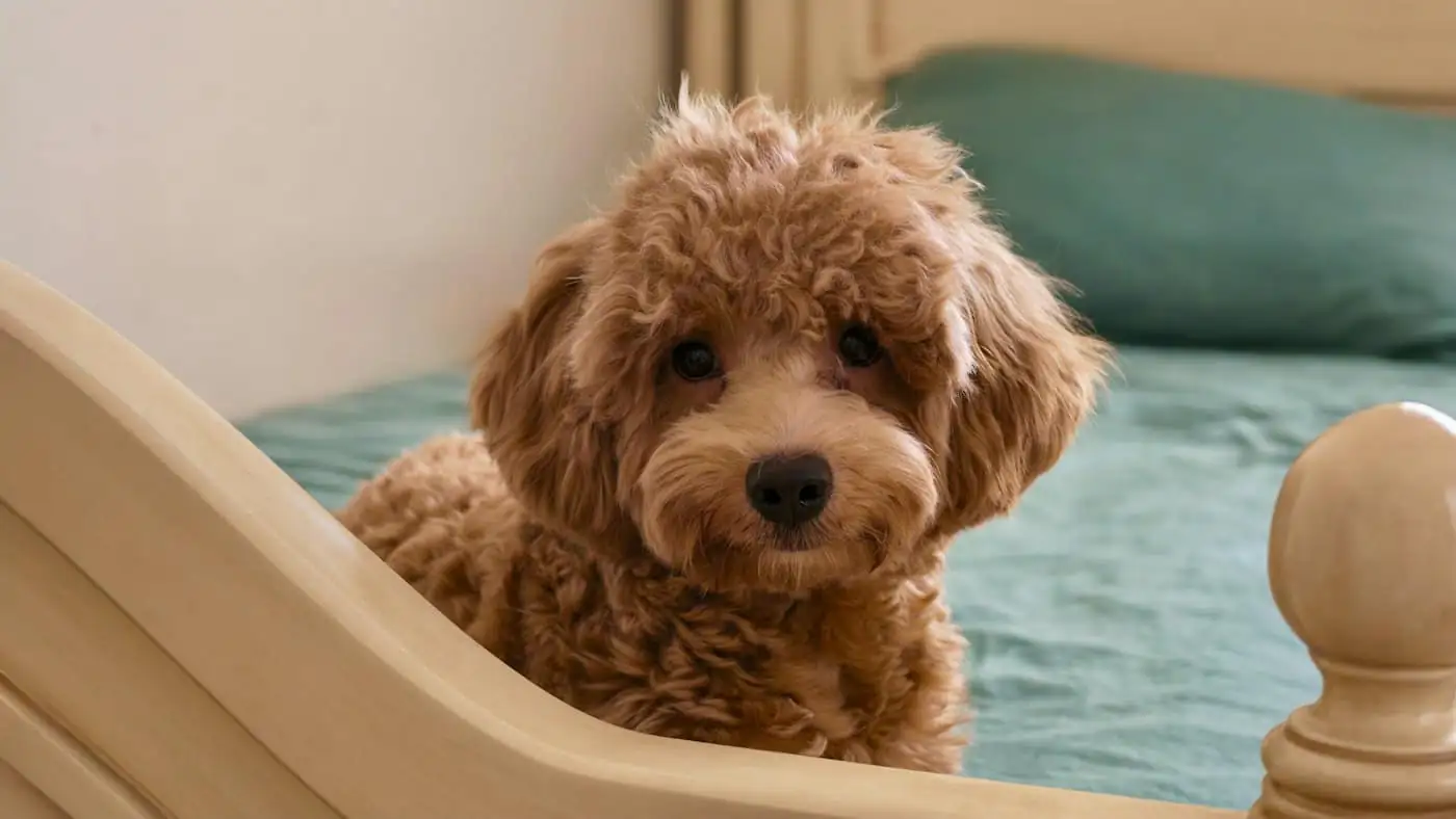 Coco, a toy poodle puppy, sitting up neatly on a daycare cushion