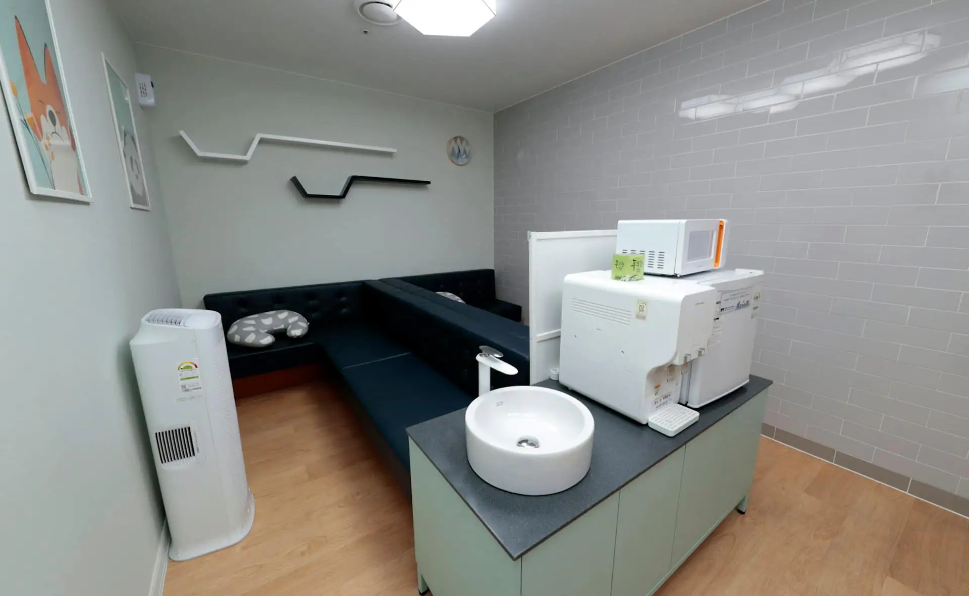 The grooming studio with a walk-in tub, a grooming table and large windows